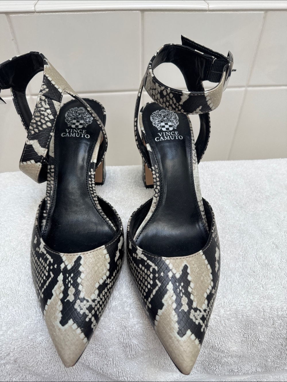 Vince Camuto Black and Tan Snake-Print Pointed Ankle-Strap Heels